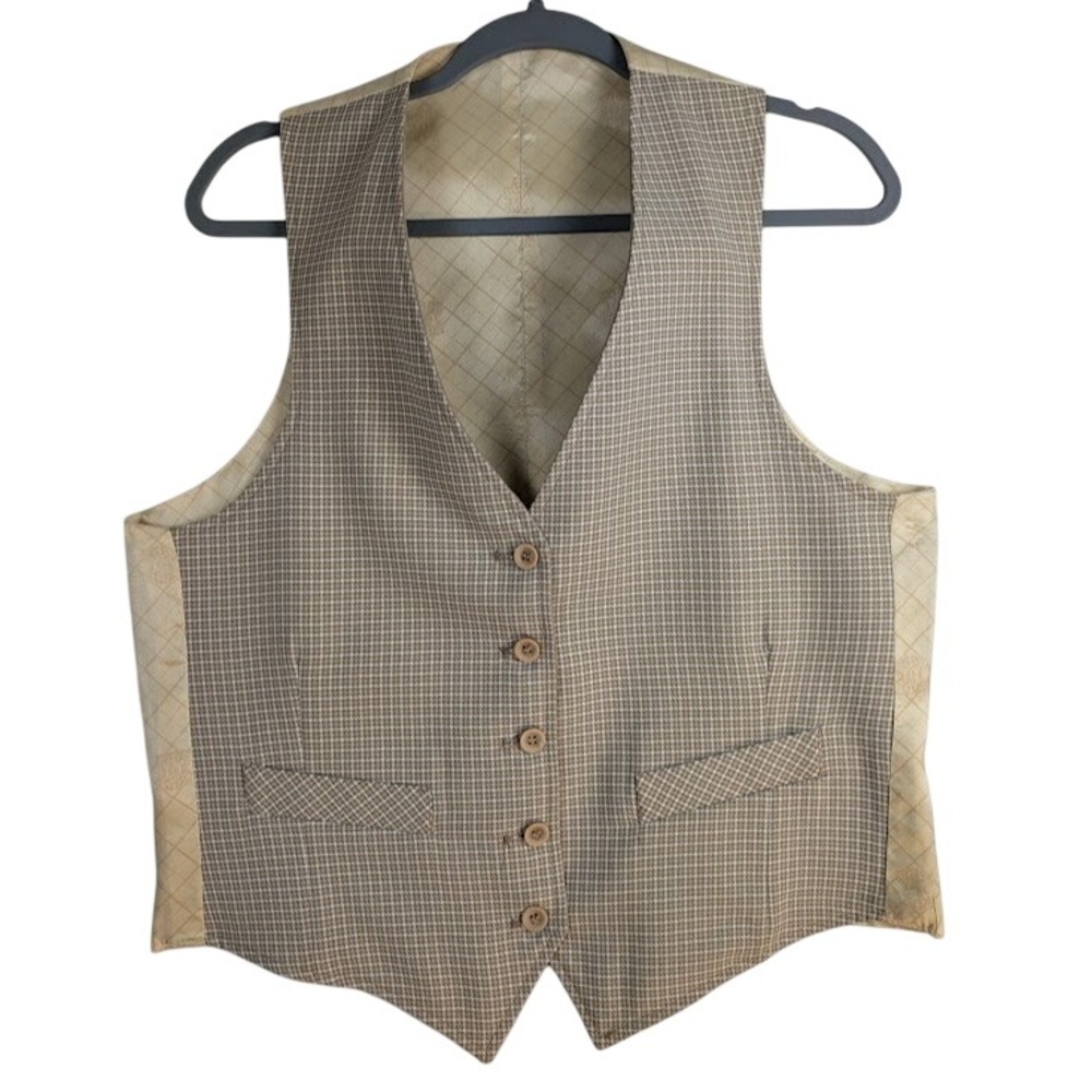 Vintage Reversible Vest Mens Size M Tan Houndstooth / Solid Taupe Waistcoat